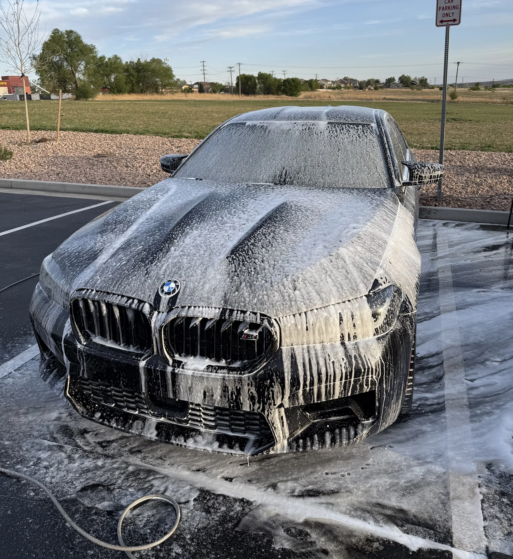 Freshly detailed car exterior with clean paint, wheels and glass