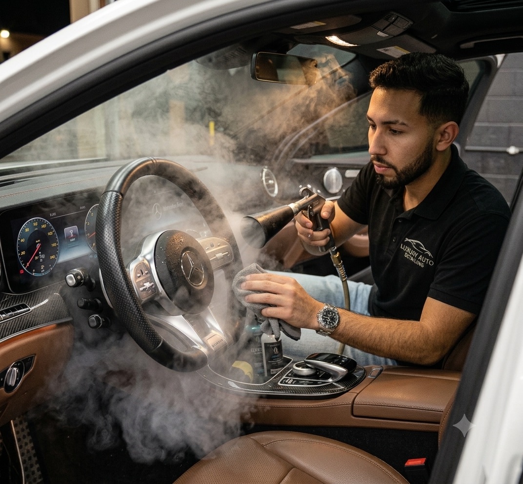 Detailing specialist steam cleaning a vehicle interior